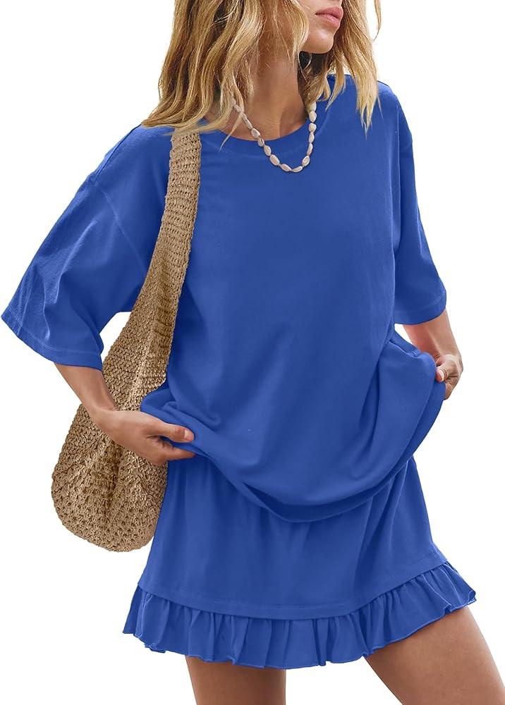 Panadila Women 2 Piece Skirt Sets Casual Two Piece Skirt Set Short Sleeve Tops and Flowy Skirts B... | Amazon (US)