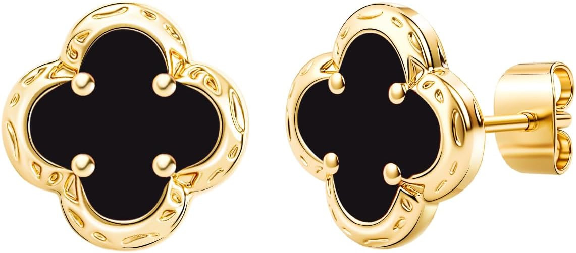 Elegant Black Onyx Clover Stud Earrings, 14K Gold Plated Four Leaf Hypoallergeinc Stud Stainless ... | Amazon (US)