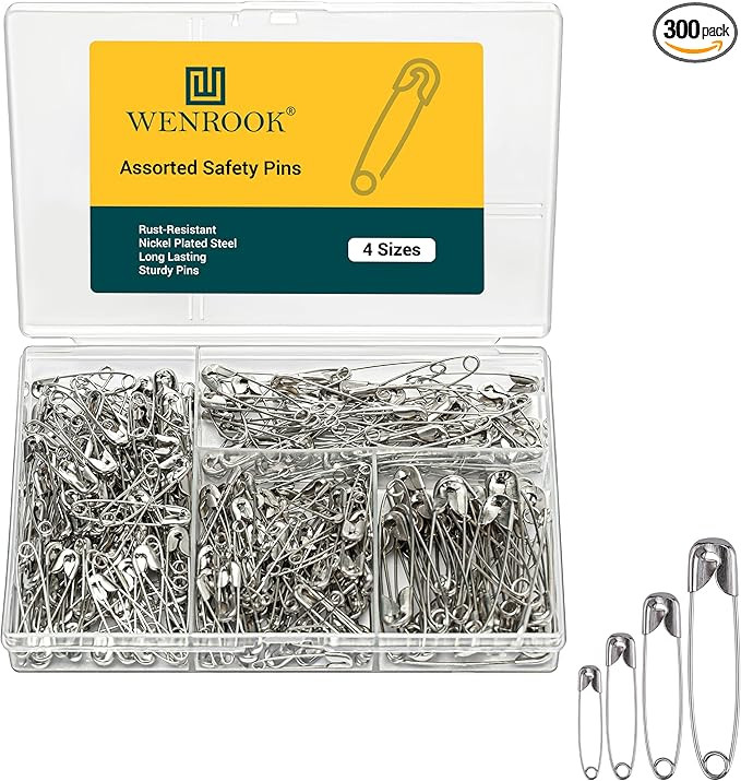 300 Pack Safety Pins Assorted, 4 Different Sizes, Strong Nickel Plated Steel, Heavy Duty Safety P... | Amazon (US)