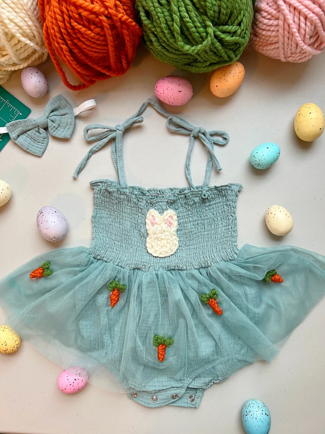 Hand Embroidered Tutu Romper Easter Bunny Carrots With Matching Bow, Baby Girl Spring Outfit - Et... | Etsy (US)
