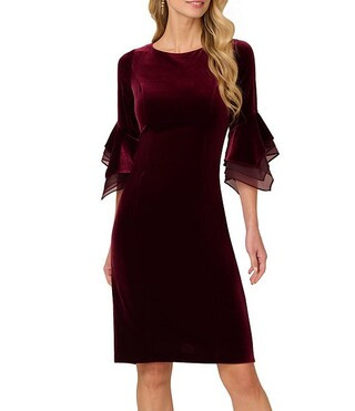 Adrianna Papell Stretch Velvet Boat Neck 3/4 Tiered Bell Sleeve Sheath Dress | Dillard's | Dillard's