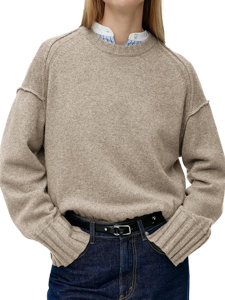 Saodimallsu Womens Crew Neck Sweaters Long Sleeve Oversized Lightweight Loose Soft Knit Fall Pull... | Amazon (US)