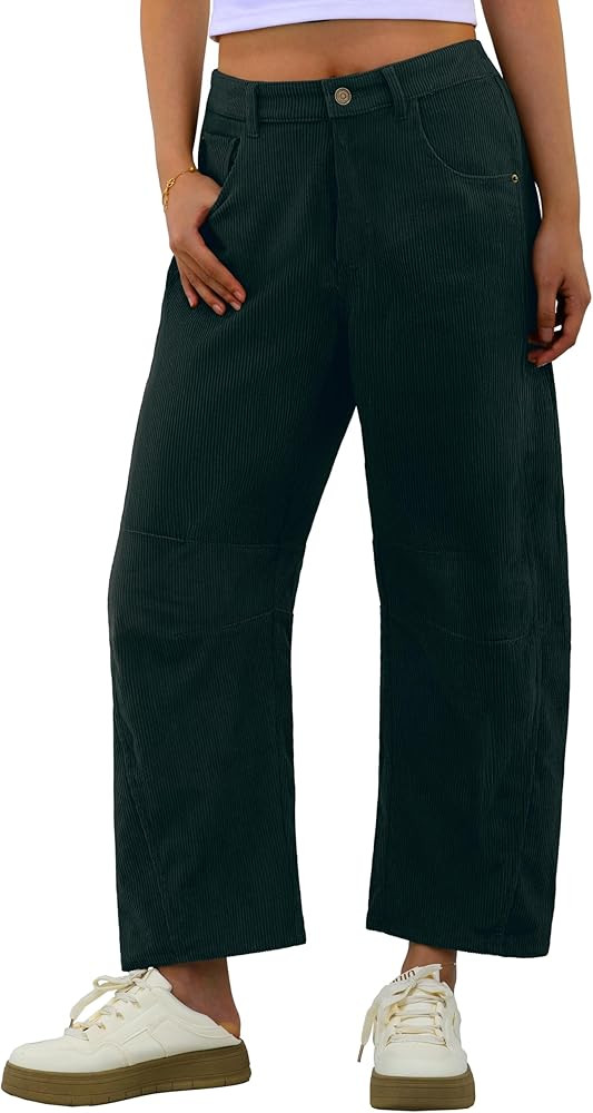 IWOLLENCE Women's Corduroy Barrel Pants Mid-Rise Elastic Waist Casual Cord Wide Legs Baggy Pant w... | Amazon (US)
