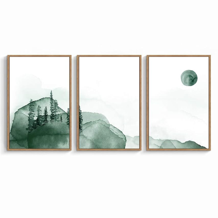 SIGNWIN 3 Piece Framed Canvas Wall Art Green Watercolor Landscape with Moon Nature Wilderness Illust | Amazon (US)