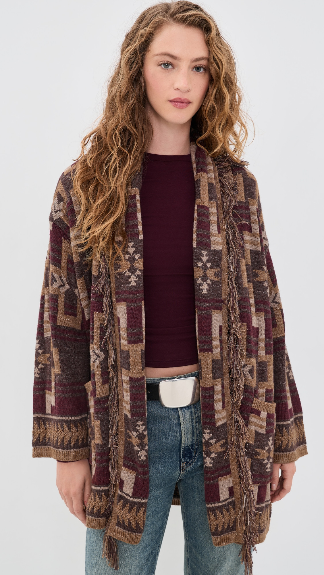 L'AGENCE Jair Jacquard Fringe Cardigan Dk Java/Burgundy Multi M | Shopbop