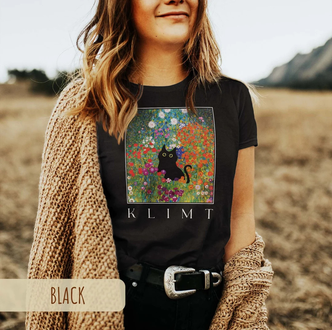 Klimt Cat Shirt, Gustav Klimt Garden Cat Tshirt, Black Cat Tee, Funny Cat Shirt, Klimt Flowers Sh... | Etsy (US)