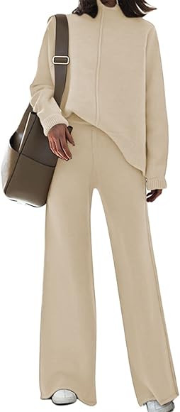 Meenew Women's High Neck 2 Piece Sweatsuit Long Sleeve Knit Sweater Tops Wide Leg Pants Set Outfi... | Amazon (US)