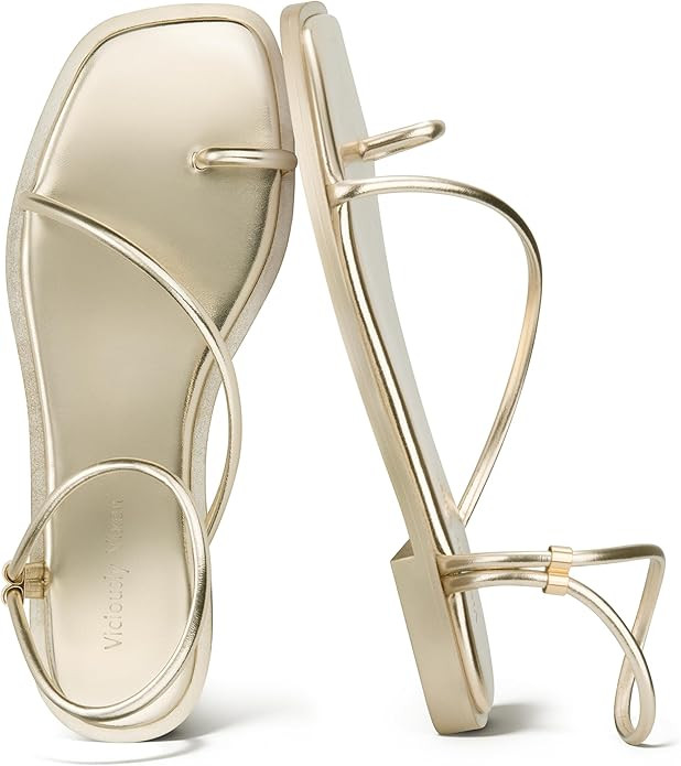 Womens Flats Loop Sandals Square Toe Strappy Ankle Strap Summer Flat | Amazon (US)