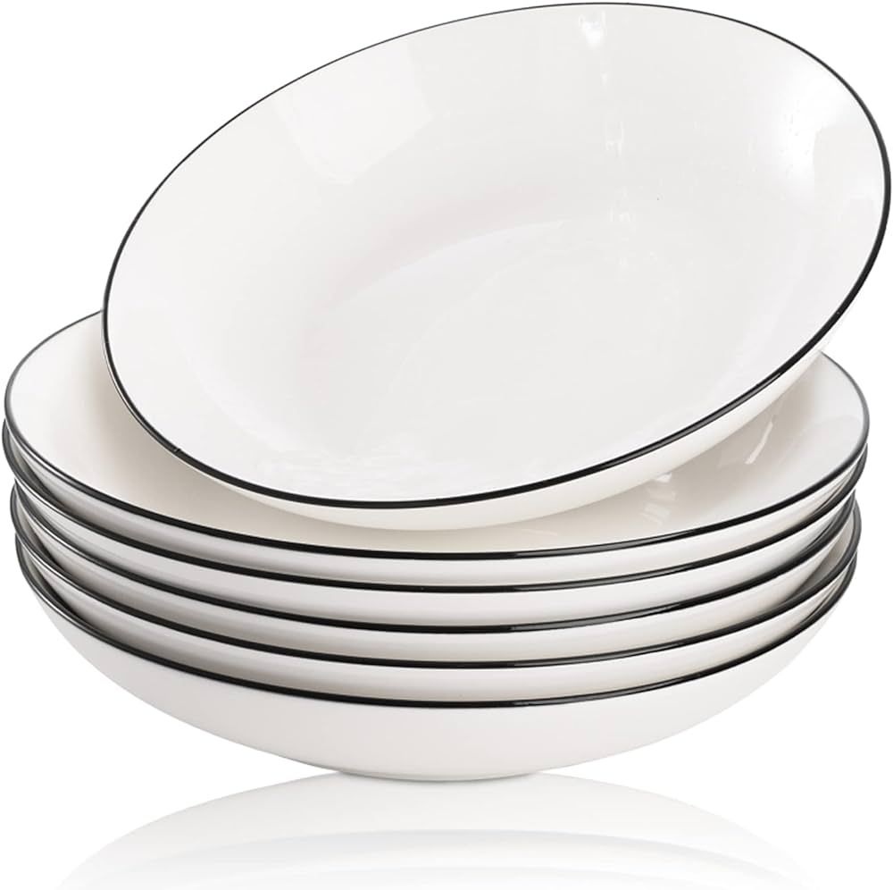 Dicunoy 6 Pack Pasta Bowls, 8" Porcelain Salad Soup Bowls, Shallow White Dinner Serving Plate, Sp... | Amazon (CA)
