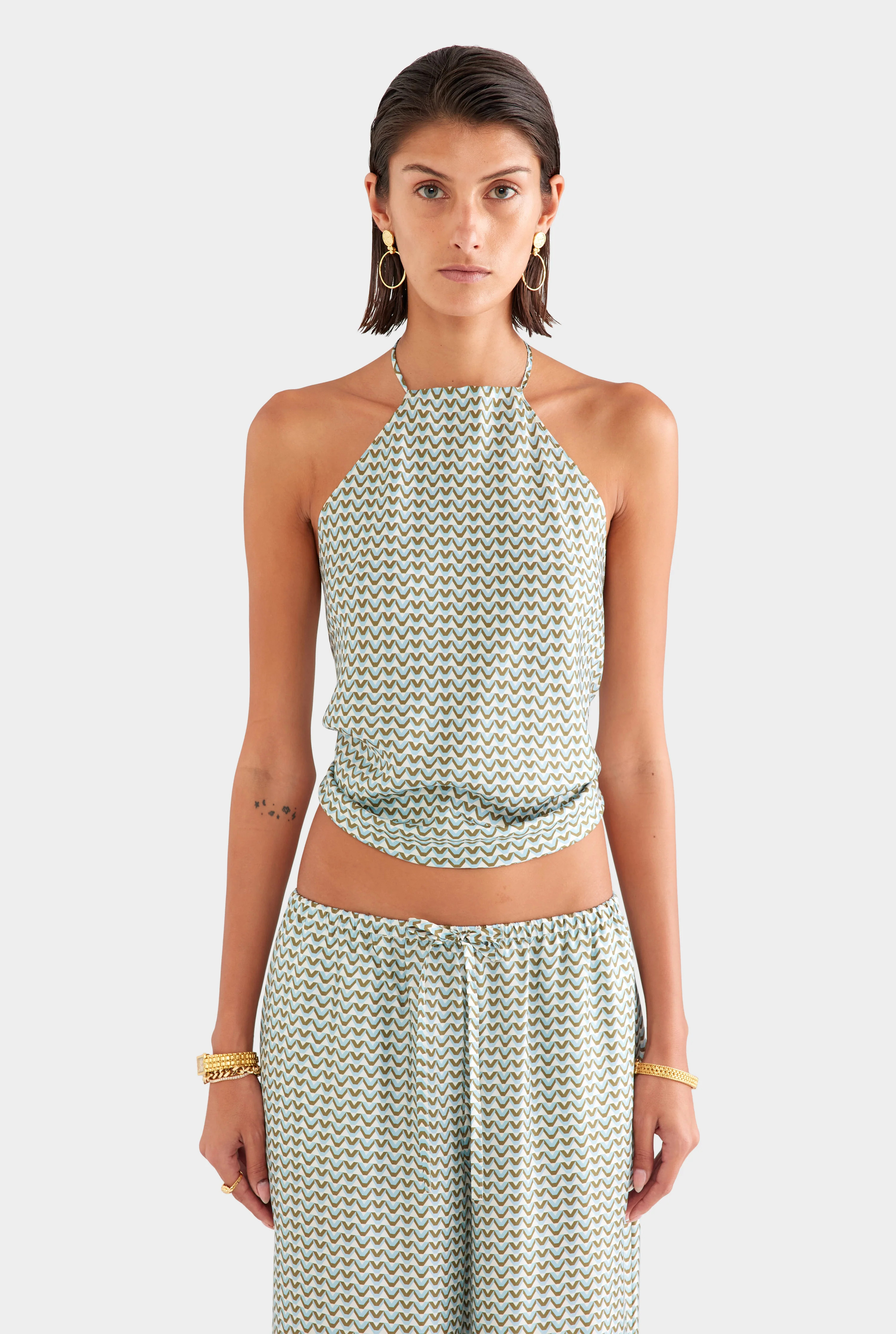 Womens Silk Scarf Halter Top Cream/Blue/Olive V Monogram | Venroy | Venroy AU