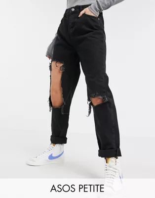 ASOS DESIGN Petite 'original' mom jean in clean black with extreme rips | ASOS (Global)
