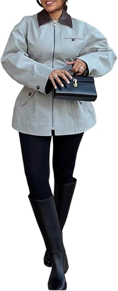 Women's Zip Up Casual Stylish Loose Fit High Waist Full Sleeve Chic Daily Outerwear Jacket Coat | Amazon (US)