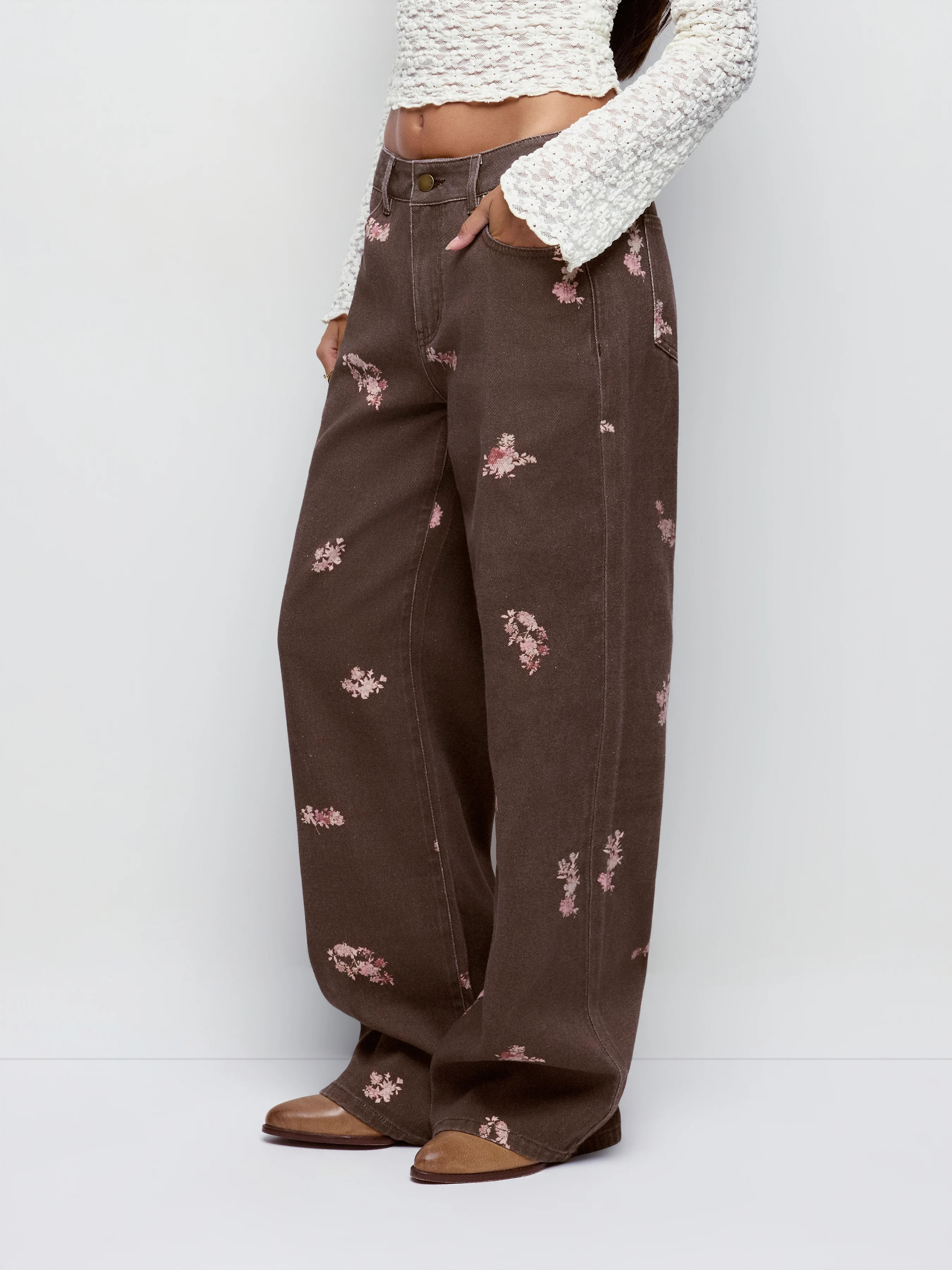 Denim Low Rise Floral Graphic Metal Detail Wide Leg Jeans | Cider