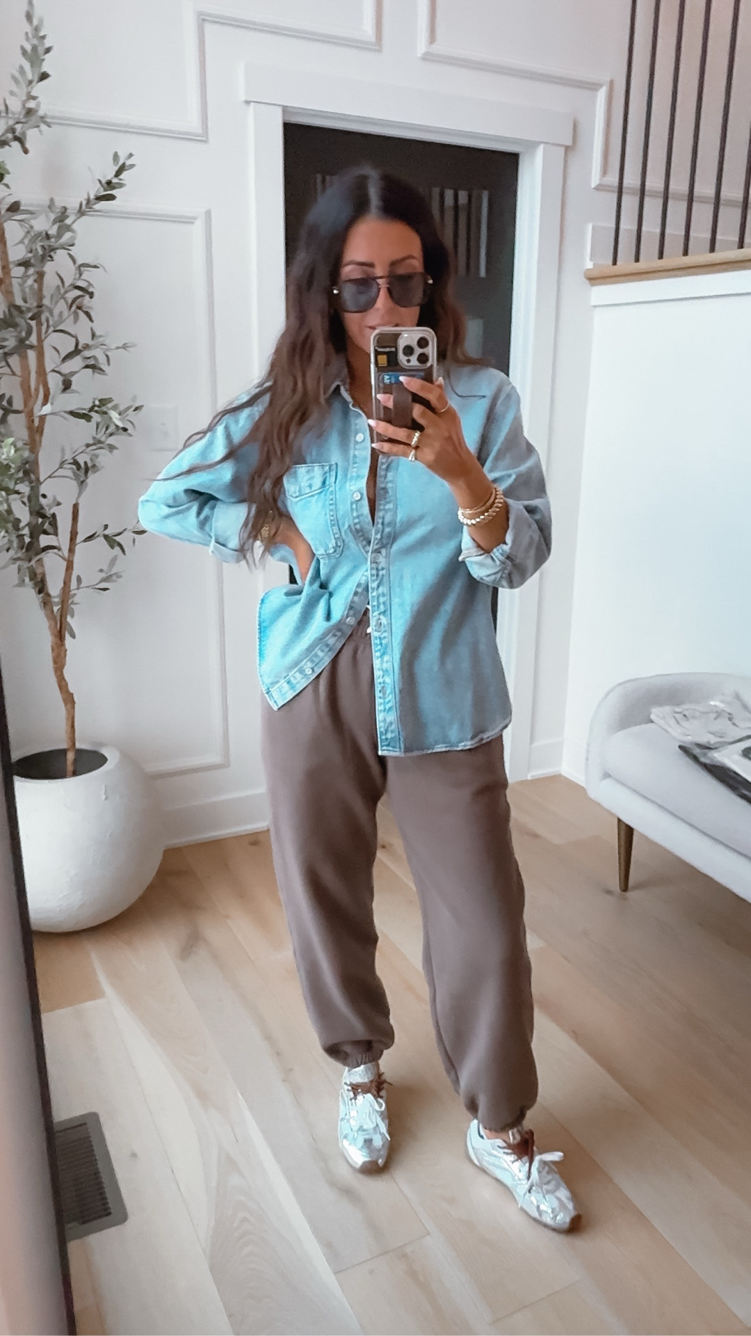 Wearing a medium in this denim, button-down shirt from target, wearing a small in these brown sweats, added silver sneakers! And Amazon sunglasses

#LTKOver40 #LTKootd #LTKFindsUnder50