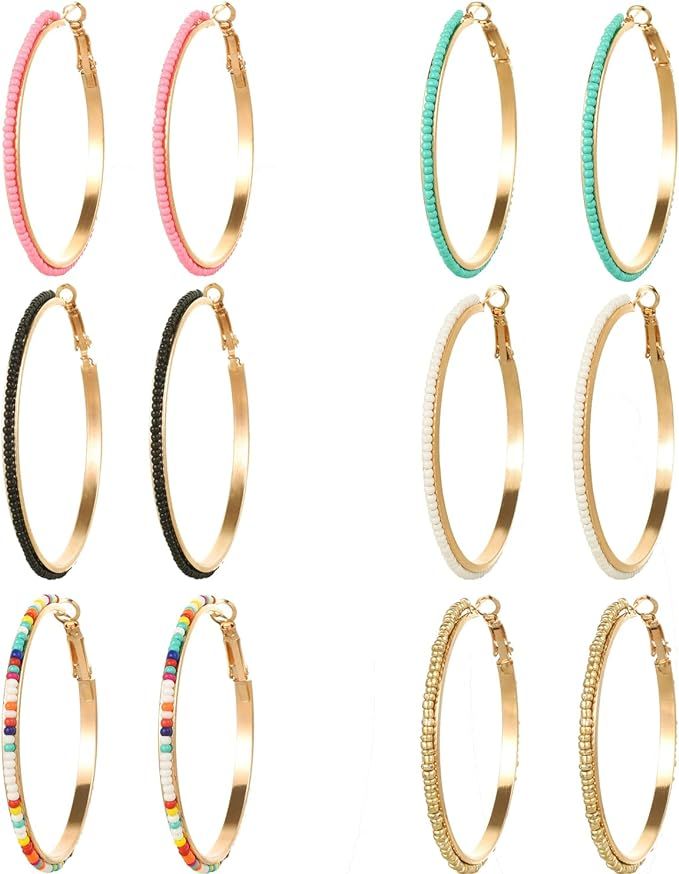 Amazon.com: Jinxiuge 6 Pair Beaded Hoop Earrings Boho Round Earrings Women's Handmade Earrings Se... | Amazon (US)