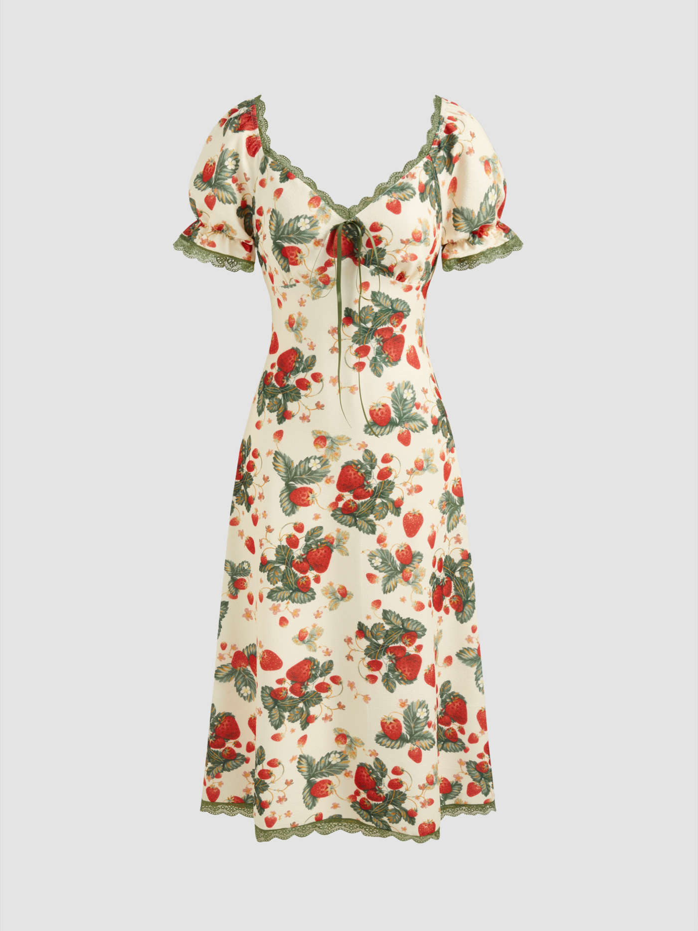 Knit Fabric Square Neck Strawberry Graphic Contrasting Lace Trim Midi Dress For Date Vacation | Cider