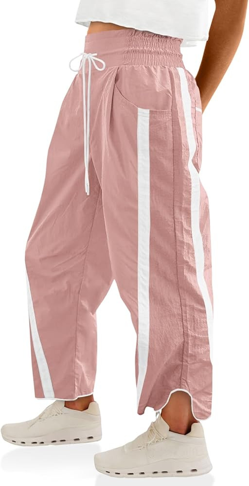 Fisoew Women's Baggy Wide Leg Pants Casual Drawstring Elastic Waisted Contrast Color Workout Y2K ... | Amazon (US)
