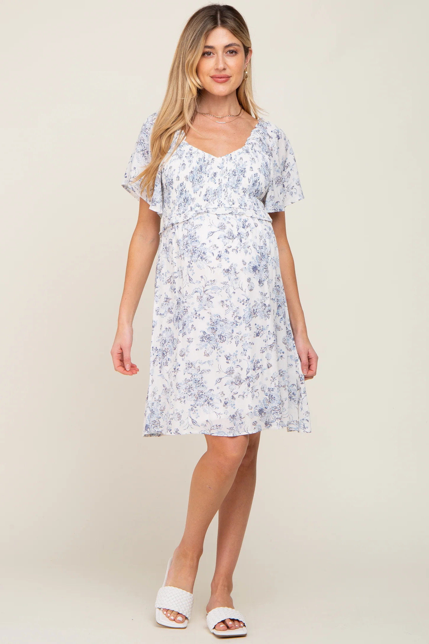 White Floral Print Smocked Ruffle Shoulder Maternity Dress | PinkBlush Maternity