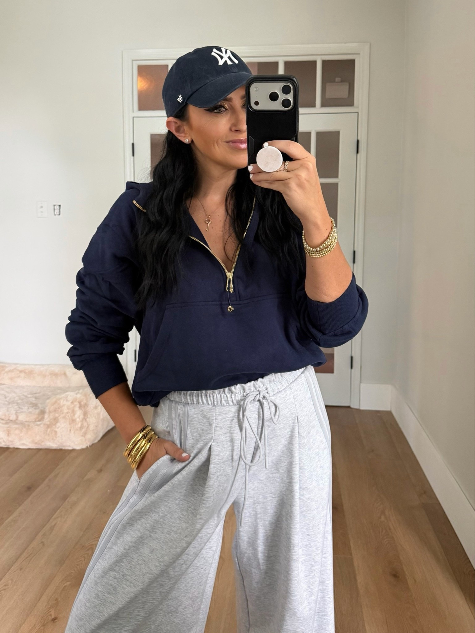 Women Gold Half Zip up Cotton Hoodies Casual Pullover Sweatshirt. Adidas wide leg pants.