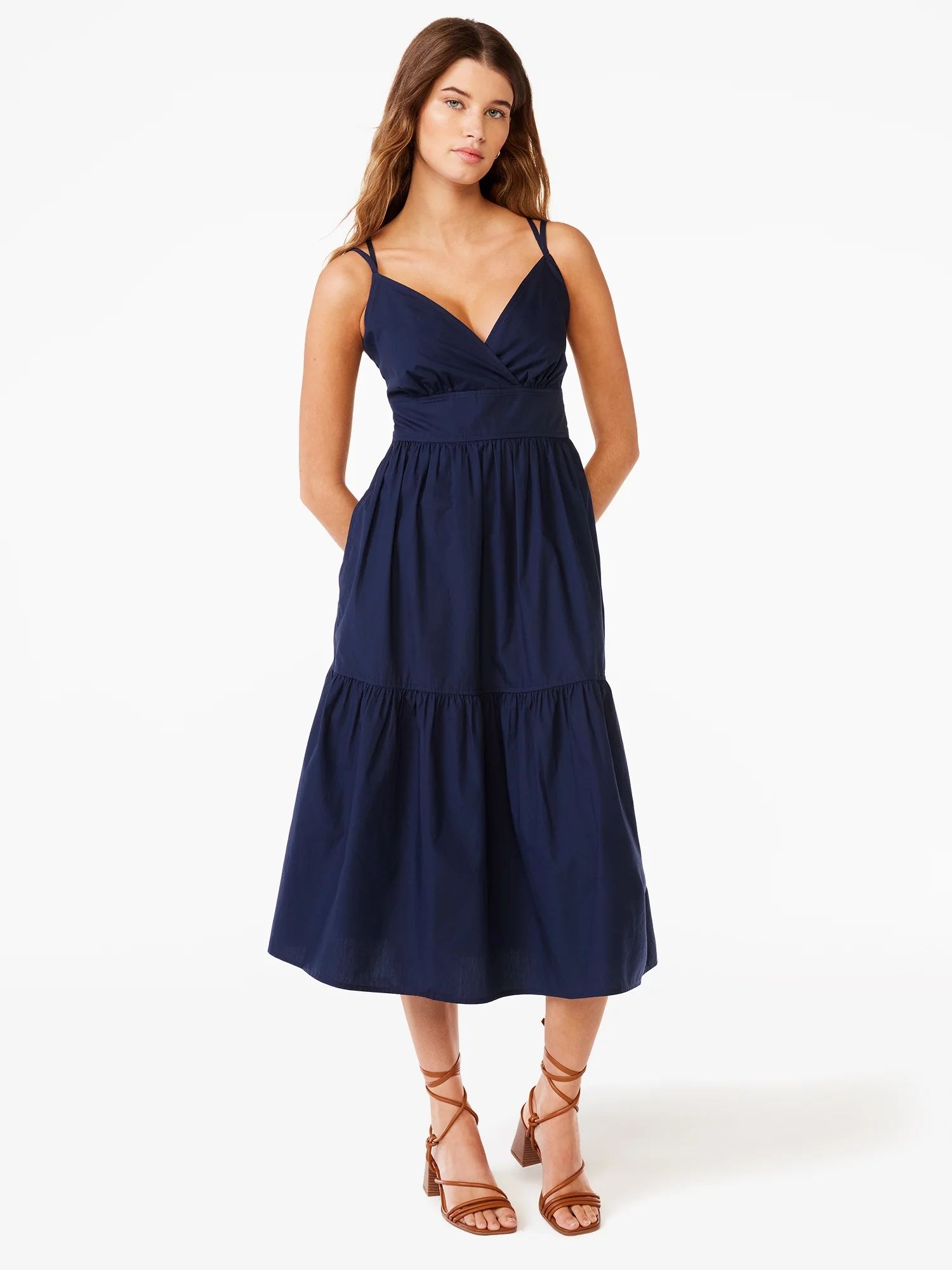 Free Assembly Women's Double Strap Cami Fit and Flare Midi Dress, Sizes XS-XXL | Walmart (US)