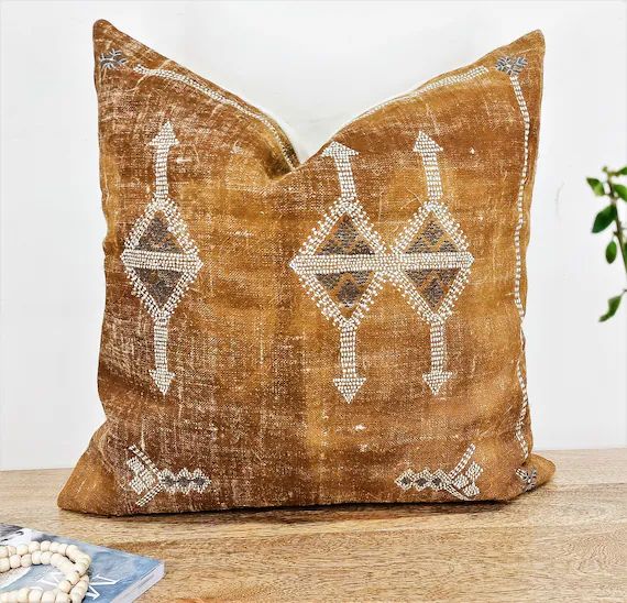 Moroccan Rug Design Embroidered Throw Pillow Ochre Linen Pillow Cover Sofa Cushion Cover Gift for... | Etsy (US)
