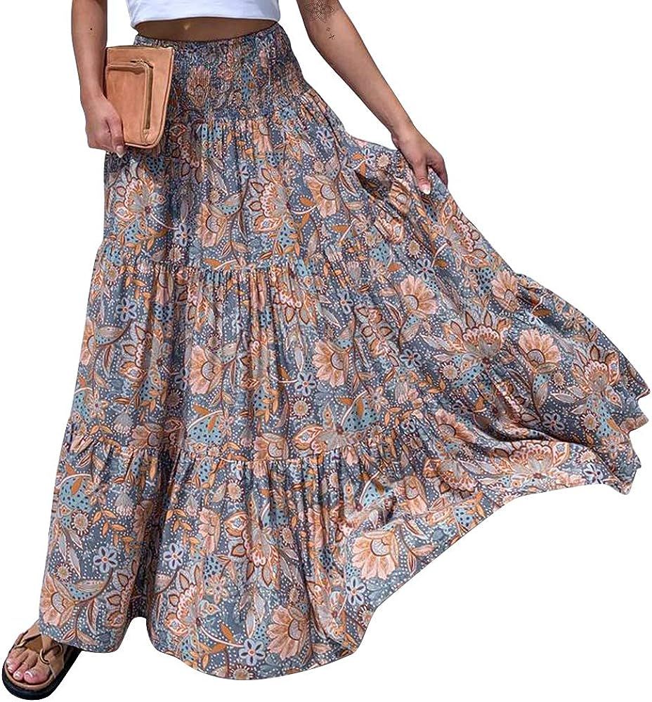 Exlura Women's Bohemian Floral Printed High Waist Pleated Beach Party Long Maxi Skirt | Amazon (US)