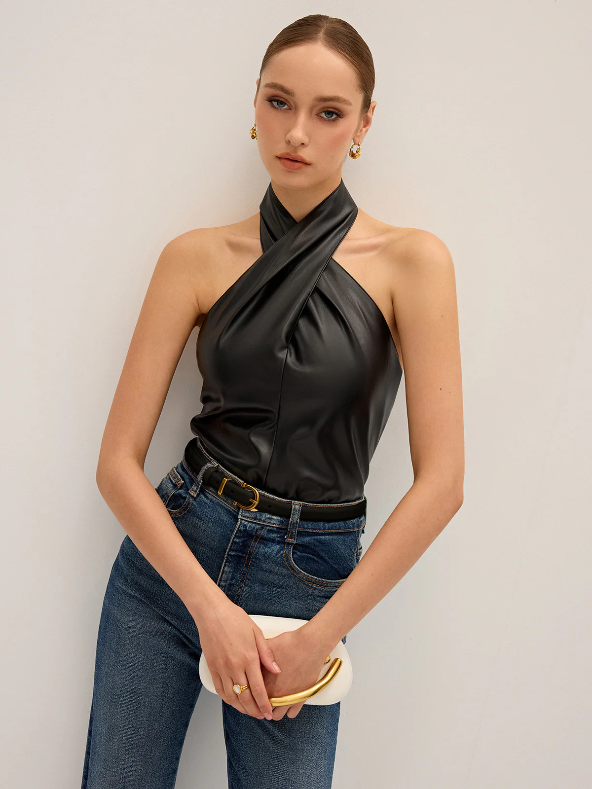 PU Leather Cross Halter Neck Top | Commense