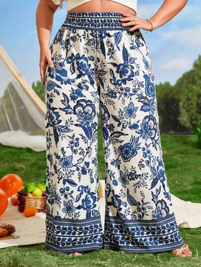 SHEIN Plus Floral Print Shirred Waist Wide Leg Pants
   SKU: sf2203234444475976      
          (... | SHEIN