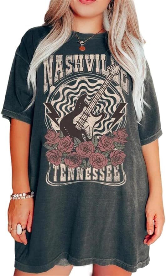 Oversized Nashville Shirts Women Country Music Concert Outfits Casual Rock Band Graphic Tee Tops ... | Amazon (US)