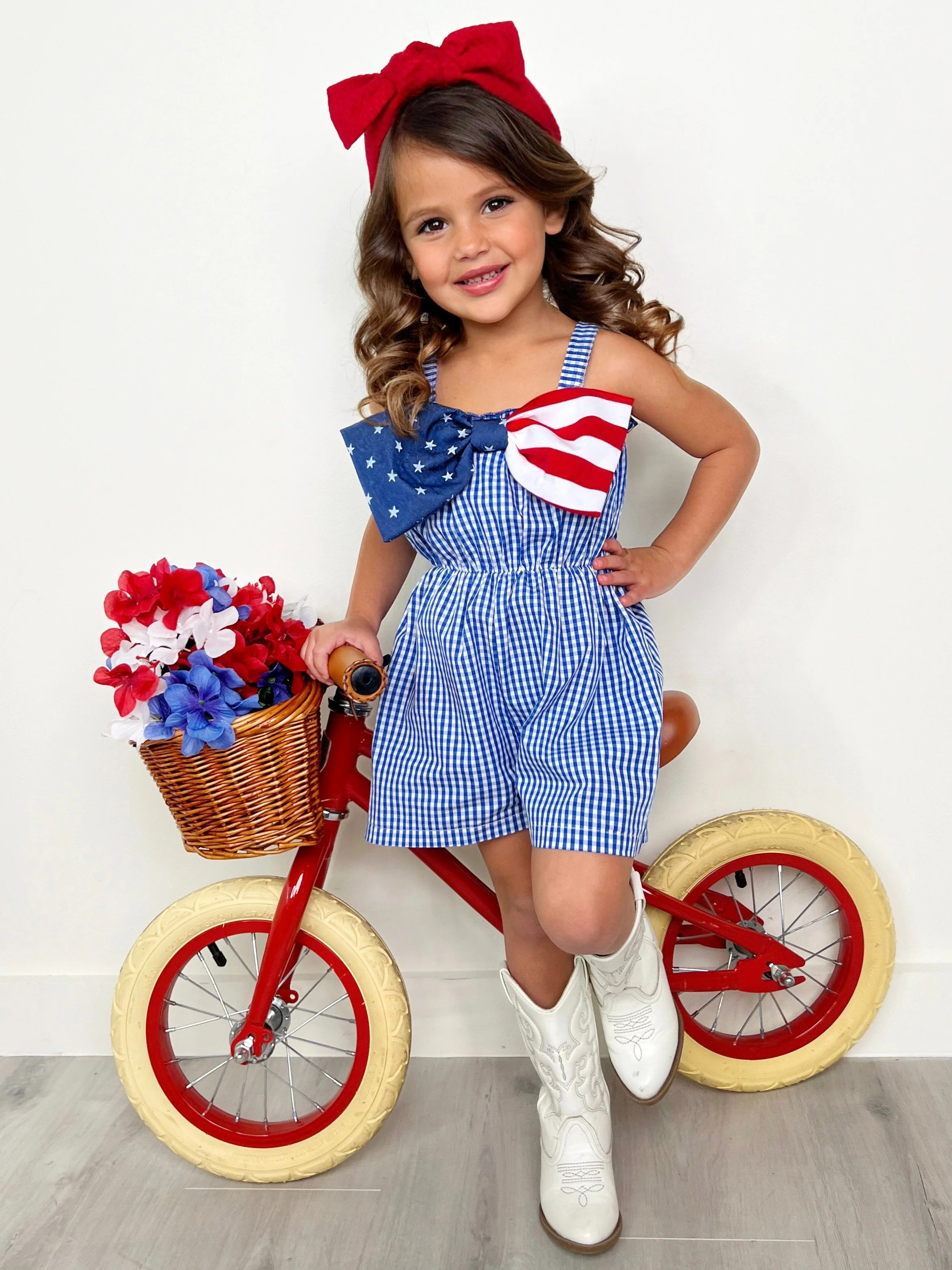 Blue Belle Americana Bow Gingham Romper | Mia Belle Girls