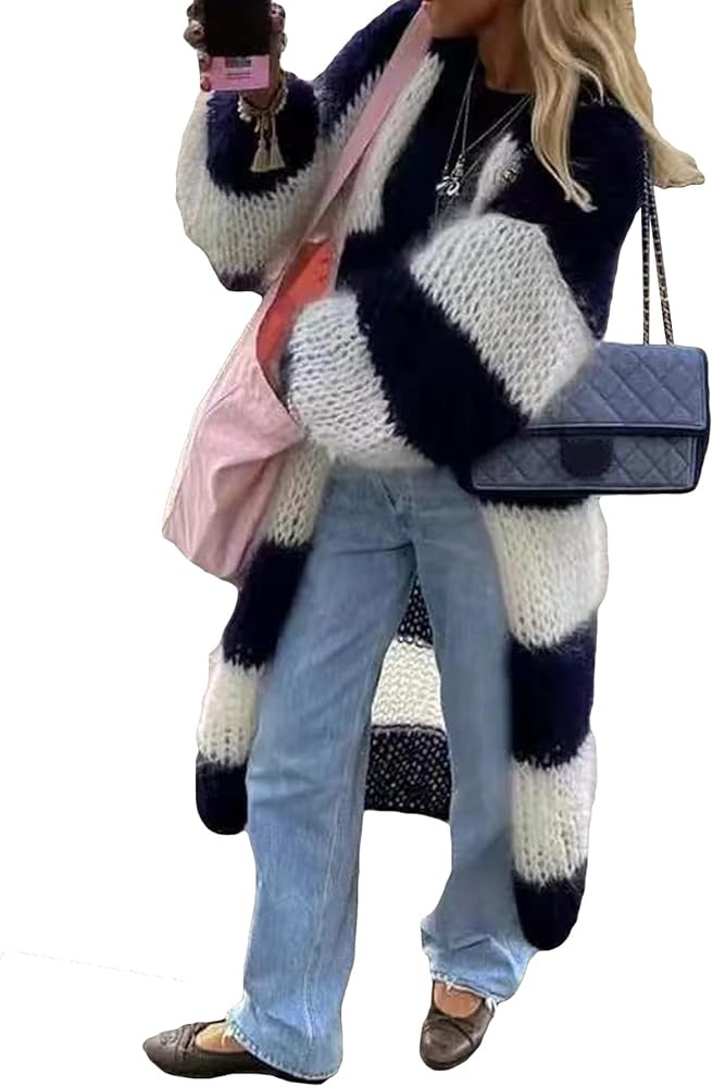 LETSVDO Women's Color Block Long Cardigan Open Front Oversized Striped Knit Slouchy Duster Chunky... | Amazon (US)
