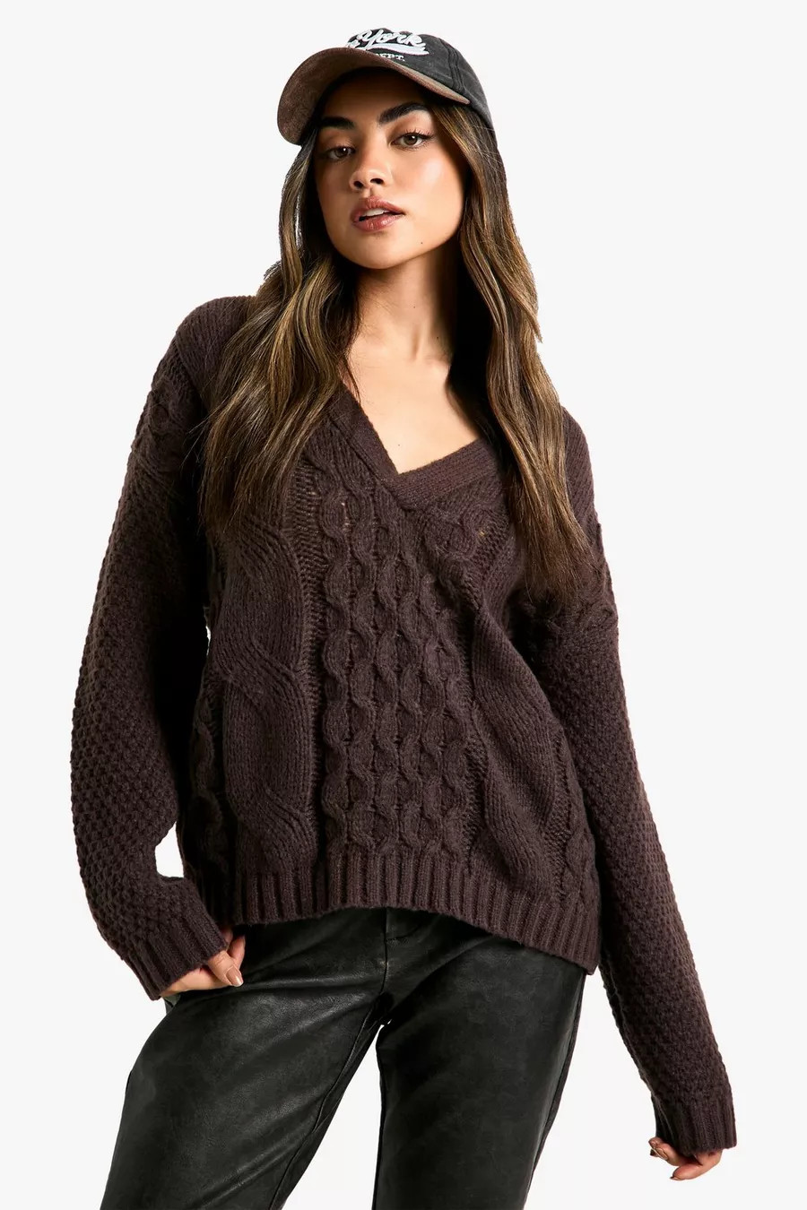 Premium Cable Knitted V Neck Sweater | boohoo (US & Canada)