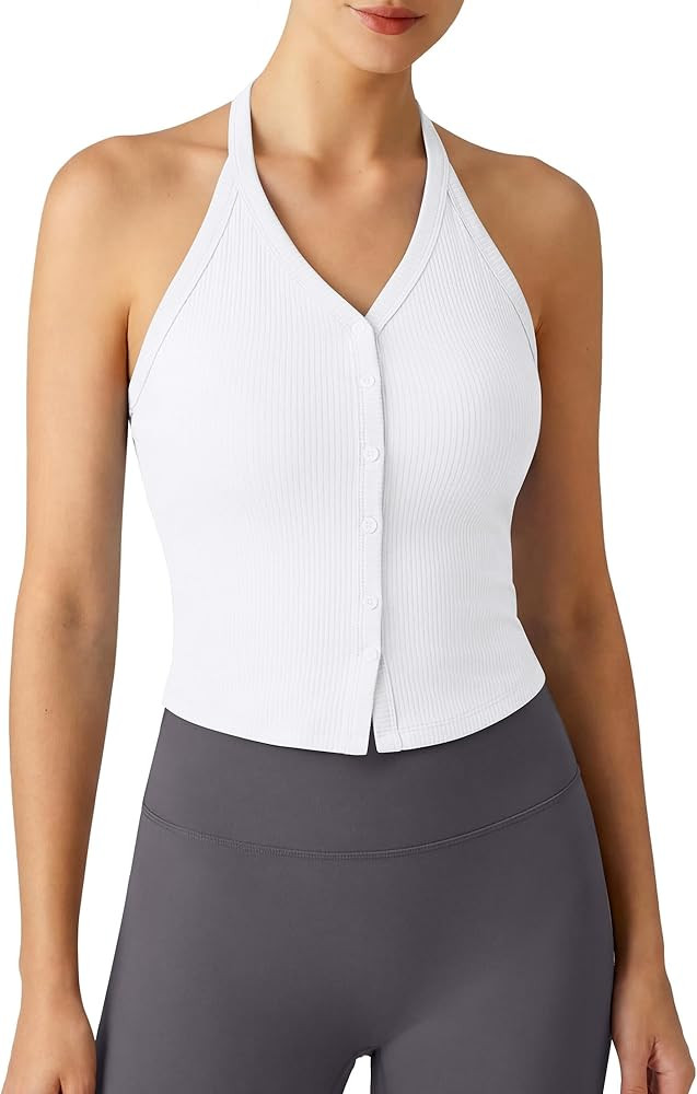 G4Free Ribbed Halter Crop Tank Tops Going Out Camisoles Backless Button Slim Fit Cropped Cami Top | Amazon (US)