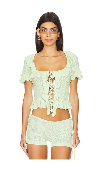 Crochet Ruffle Knit Tie Top in Pistachio | Revolve Clothing (Global)