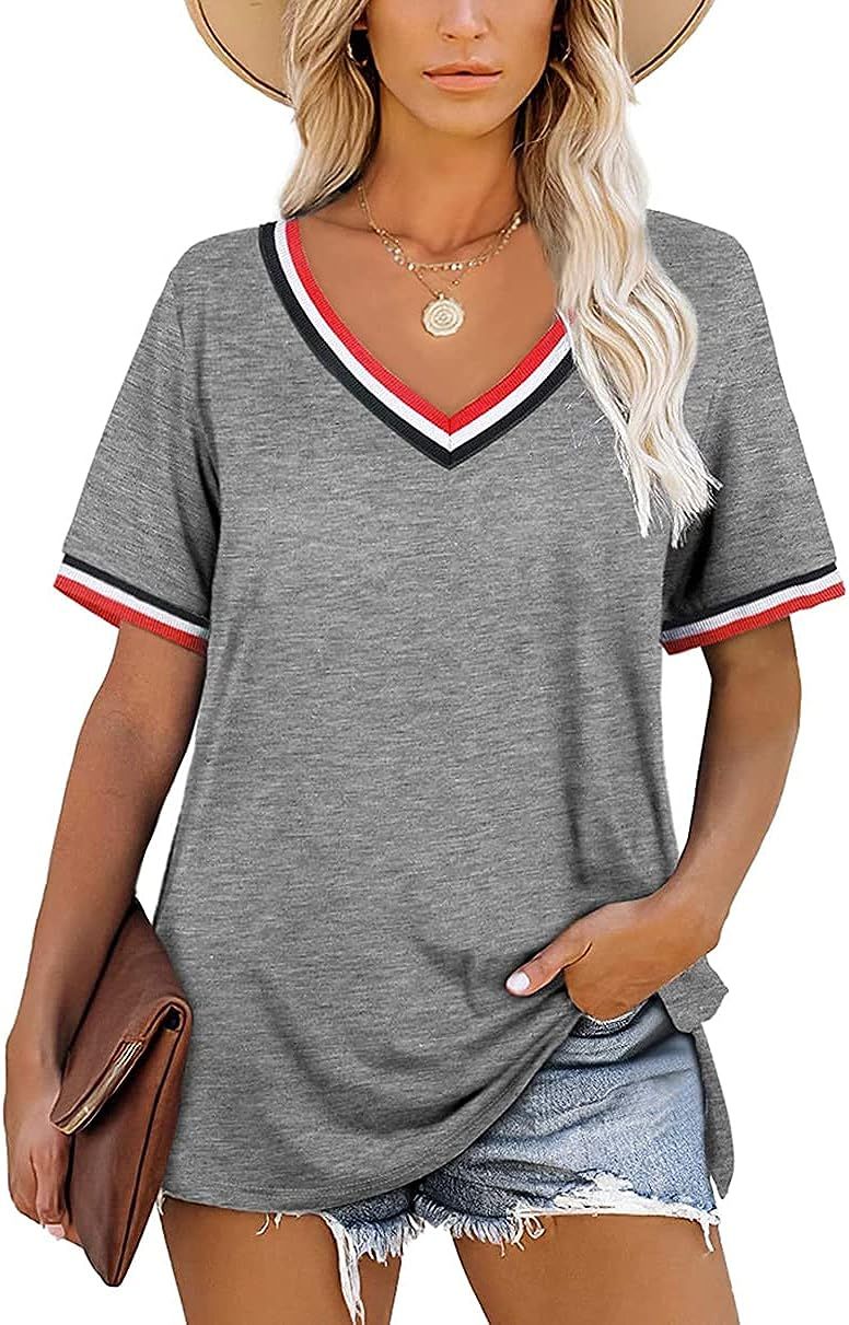 Locryz Womens Summer T Shirts Loose Casual V Neck Tops Side Split Short Sleeve Tee Shirts | Amazon (US)