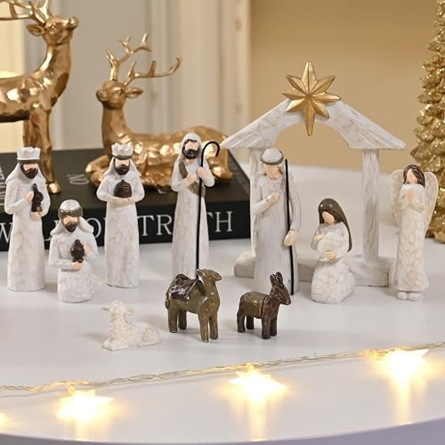 AOMOONOA White Nativity Set for Kids, Resin Small Christmas Nativity Figurine, 11Pcs Miniature Nativity Scene, Modern Holy Family Manger Scene Tabletop Nativity Figurines for Christmas Indoor Decor | Amazon (US)