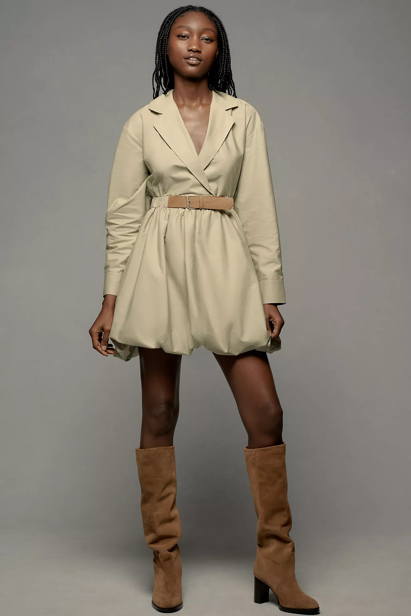 Maeve Long-Sleeve Collared Belted Bubble Mini Dress | Anthropologie (US)