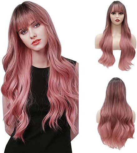 Pink Wig with Bangs Long Wavy Wig Ombre Pink Wigs for Women Hair Replacement Wigs Heat Resistant Syn | Amazon (US)