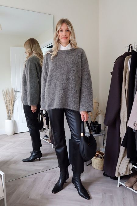 Leather trousers workwear outfit with a ruffle collar shirt and grey knitted jumper #workwear #officeoutfit #smartcasual 

#LTKshoecrush #LTKeurope #LTKworkwear