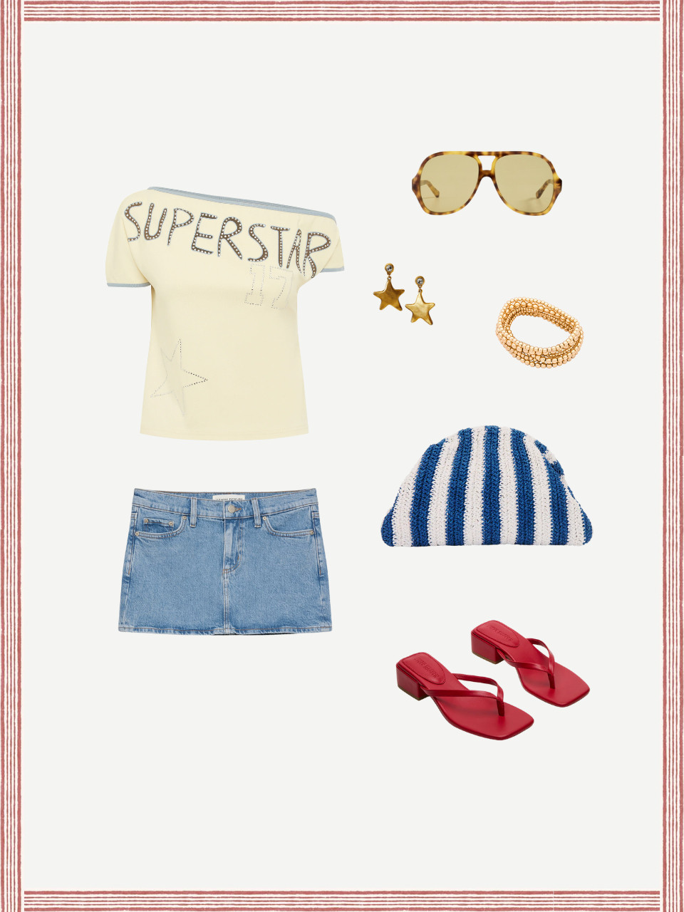Serving star-spangled diva 🇺🇸✨ This is your sign to go full cool girl for the 4th.. off-shoulder tee, denim mini, and a pop of red. Linked every piece for your miss america fit! #LTKFourthOfJuly #LTKStyle #HolidayOutfit #4thofJulyLook #LTKSummer 

 #LTKSeasonal #LTKFindsUnder100 #LTKStyleTip