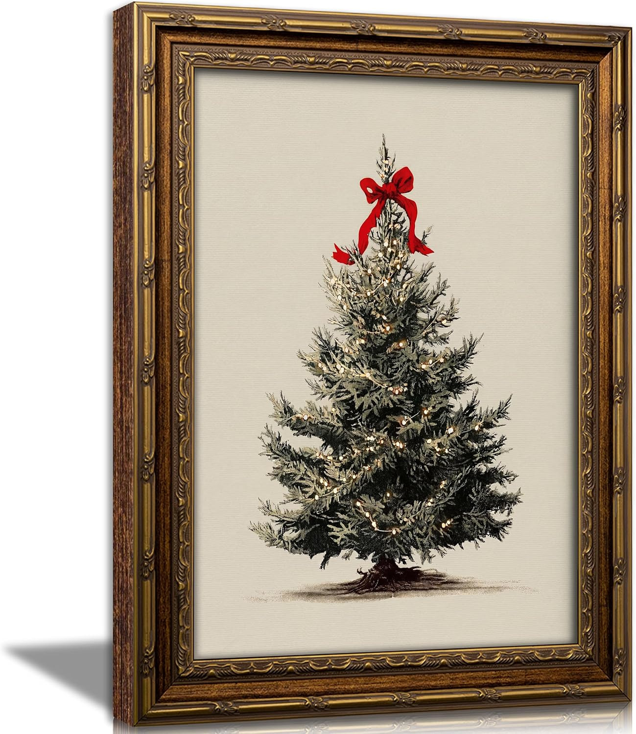 Vintage Gold Framed Wall Art, Christmas Tree with Red Bow and Lights Print, Neutral Rustic Holiday Decor for Living Room, Bedroom,Entrywa Ready to Hang | Amazon (US)