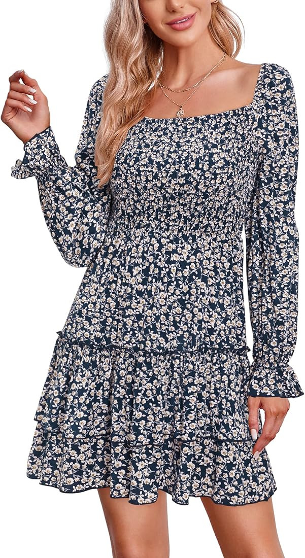 II ININ Women's Square Neck Long Lantern Sleeve Short Fall Dresses Floral Off Shoulder Tiered Ruffle | Amazon (US)