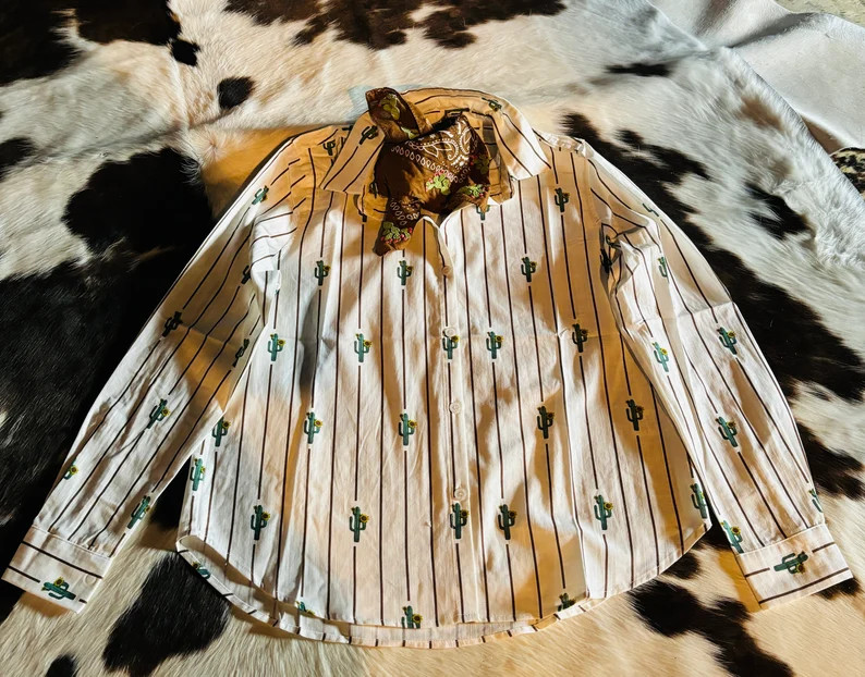 Western Style Cactus Striped Print Button up Shirt Cowgirl Rodeo Ranch Life NFR - Etsy | Etsy (US)