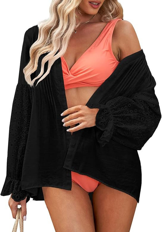 Aleumdr Womens Autumn Button Down V Neck Long Sleeve Shirts Casual Loose Hollow Out Crochet Tops | Amazon (US)