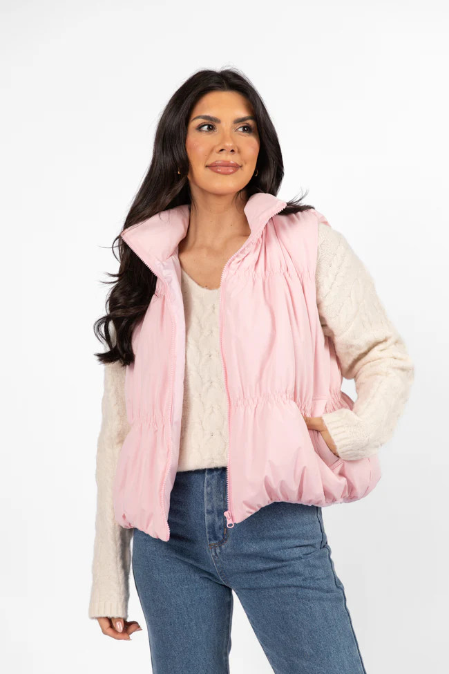 Mountain High Light Pink Ruched Puffer Vest SALE | Pink Lily