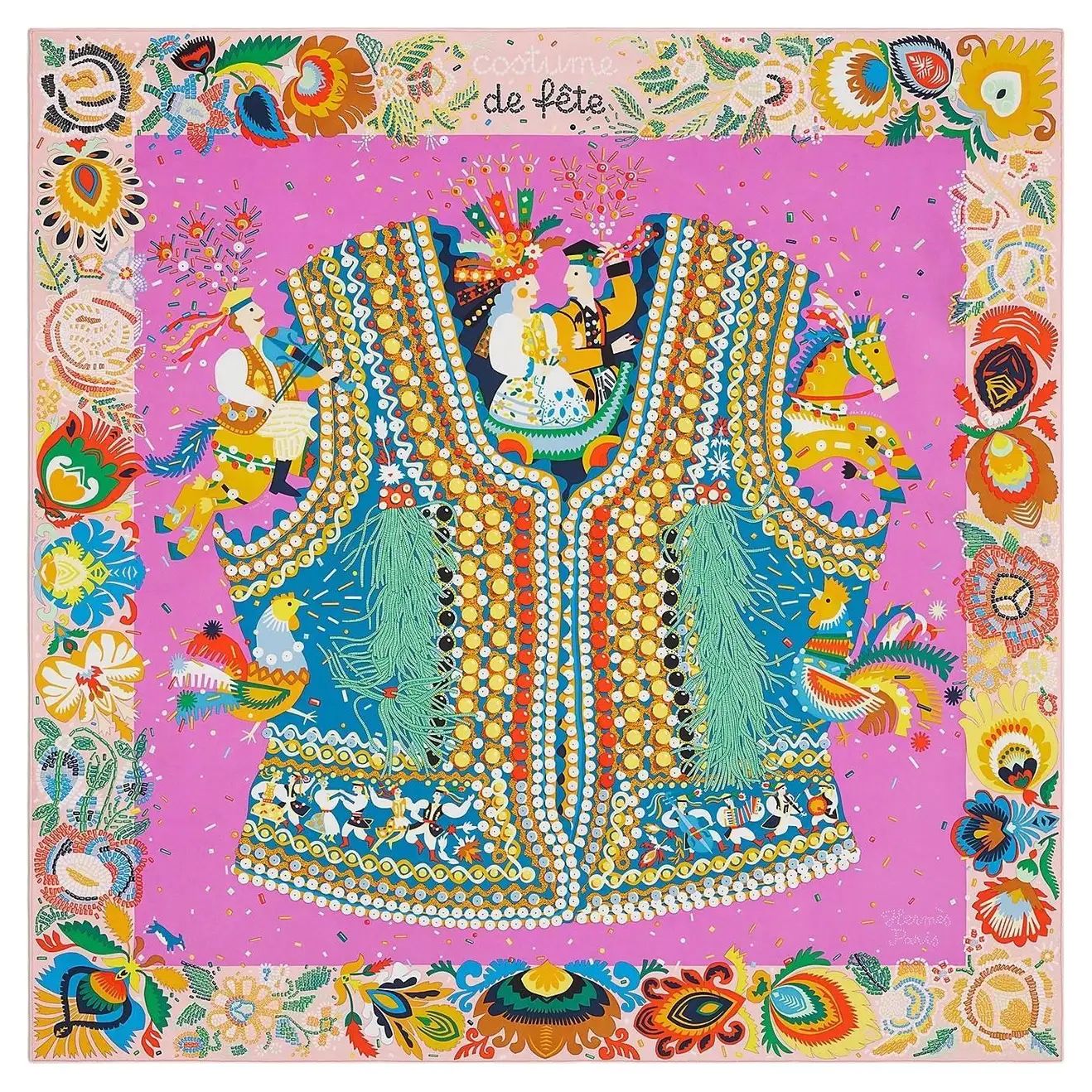 Hermes Rose Poudre / Cyclamen / Jaune Costume de Fete scarf 90 | 1stDibs