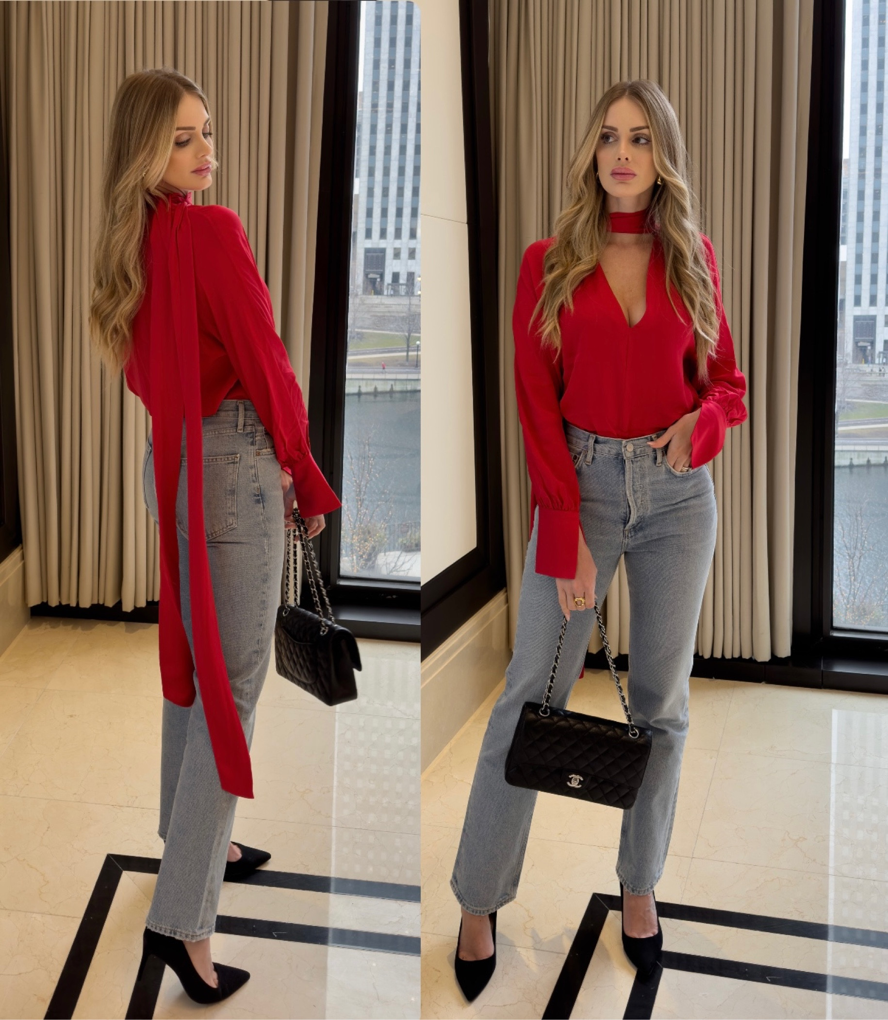 The perfect fit for Valentine’s day and other options in red (I am wearing size Small on the top and the pants are a 26) — valentine’s day, red blouse, red shirt, jeans, denim pants, black pumps, sexy, classy, chic, elegant, chanel, classic bag, double flap 

#LTKstyletip #LTKunder50 #LTKfit