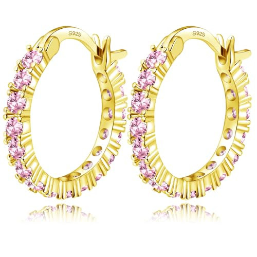 IUITY Gold Hoop Earrings for Women Hypoallergenic, S925 Sterling Silver Small Earrings | 14k Gold Plated Full Pink Cubic Zircon Hoop Earrings for Sensitive Ears, Silver Hoops Jewelry 13mm | Amazon (US)