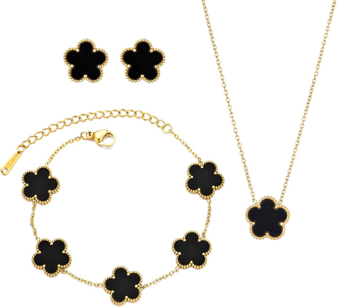 Amazon.com: UOOANUO Clover Neckalce Earring Set for Women 14K Gold Plated Stainless Steel Four Le... | Amazon (US)