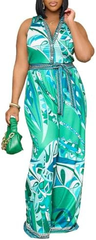 Molilove Women's Floral Print Jumpsuit Boho Sleeveless Laple V-Neck Button Down Wide Leg Pants Be... | Amazon (US)